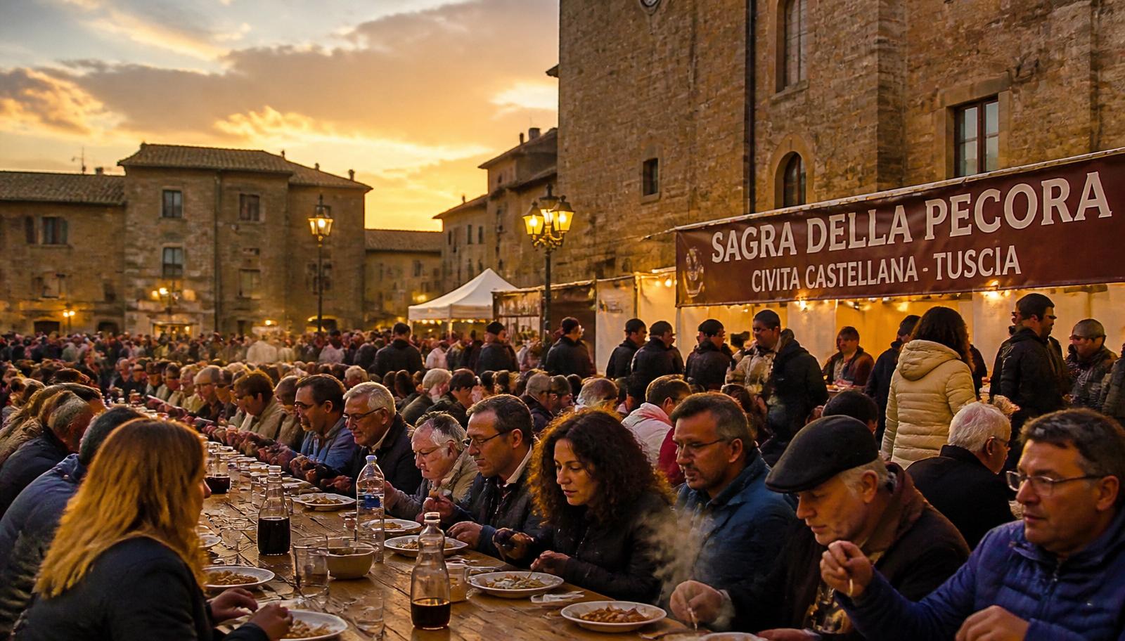 Sagra della Pecora a Civita Castellana: tavolate in piazza al tramonto nel centro storico della Tuscia