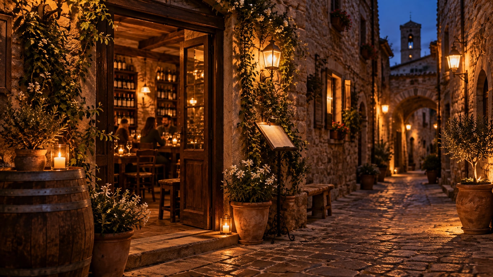 L'ingresso della Vineria San Lorenzo nel centro storico di Viterbo, all'imbrunire