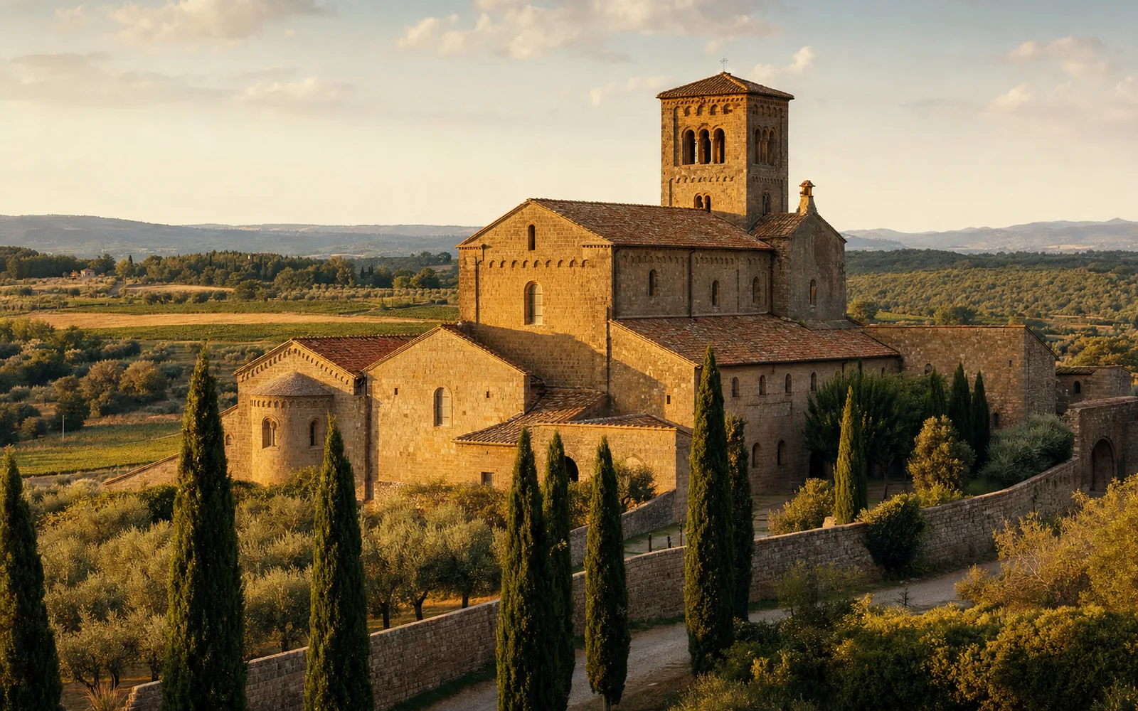 Immagine editoriale evocativa dell'antica abbazia immersa nella campagna di Tuscania