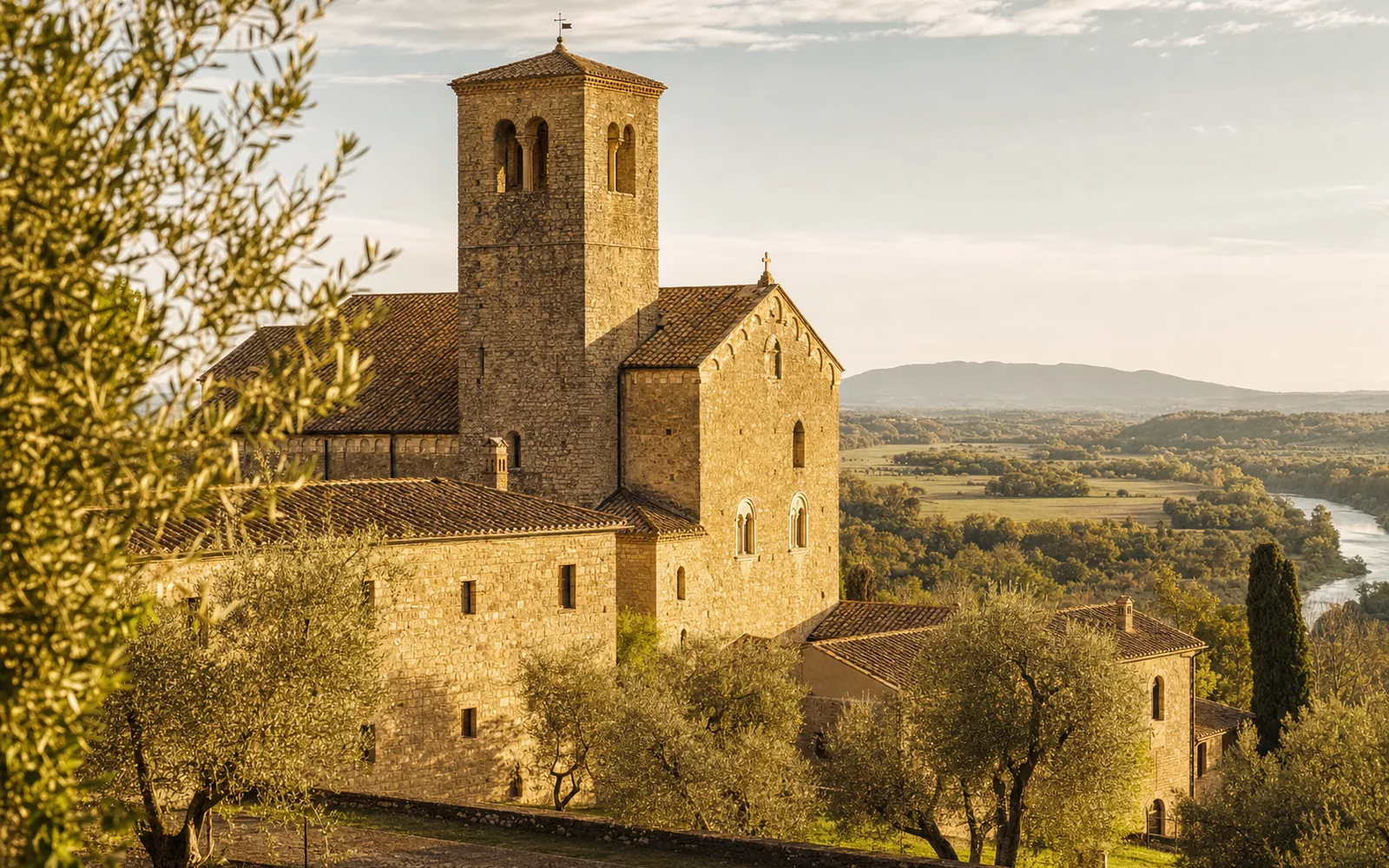 Immagine editoriale evocativa dell'abbazia benedettina lungo il Tevere a Ponzano Romano