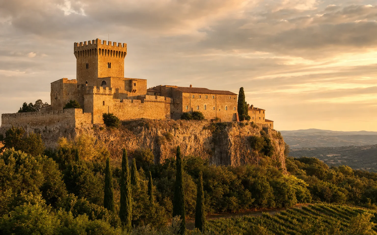 Immagine editoriale evocativa di un castello medievale a Proceno lungo la Via Francigena