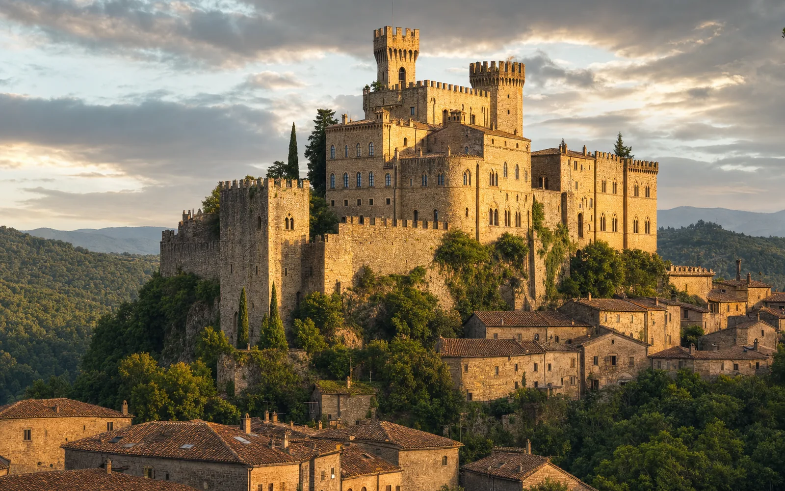 Immagine editoriale evocativa del castello medievale-rinascimentale che domina il borgo di Torre Alfina