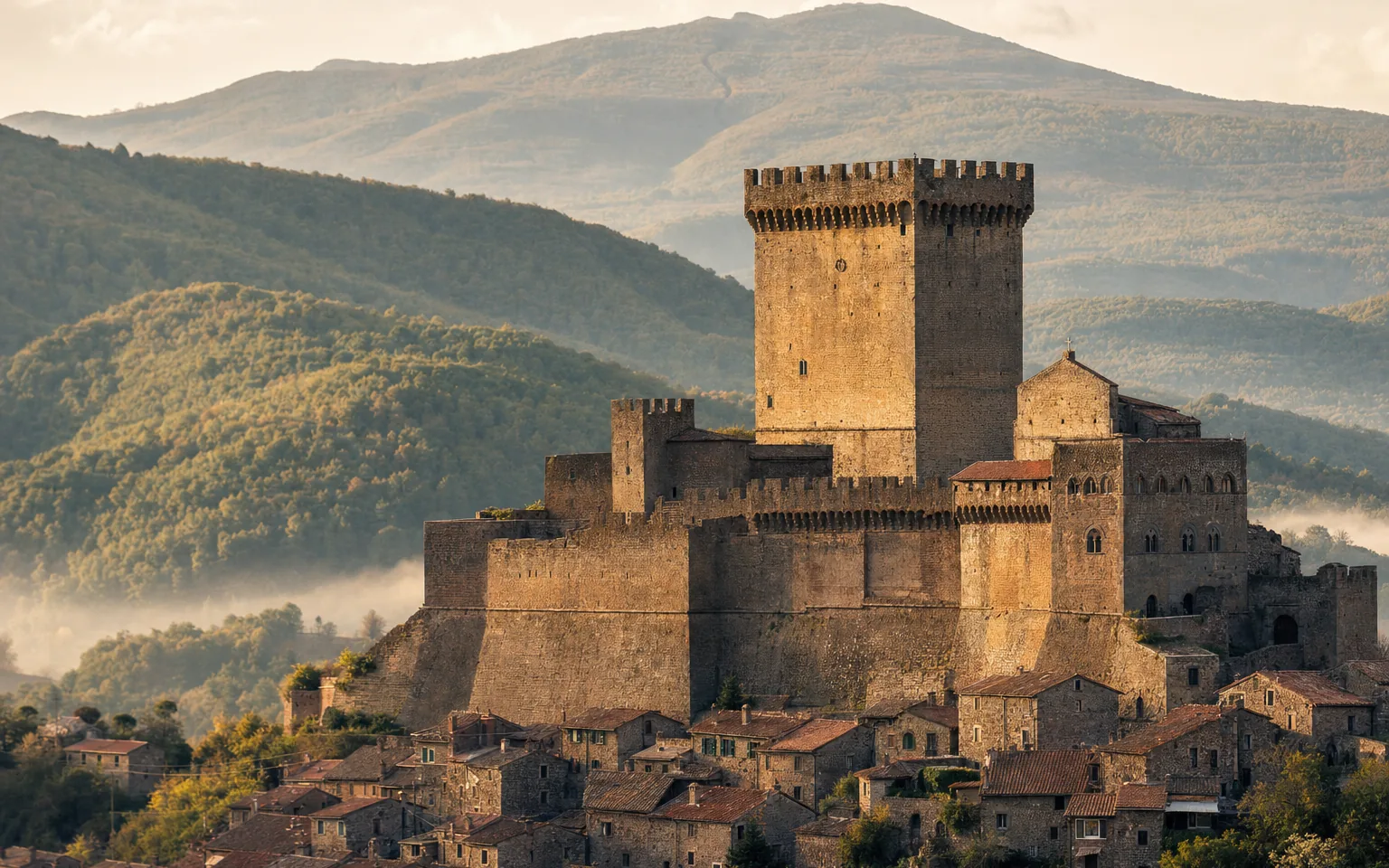 Immagine editoriale evocativa della fortezza medievale che domina Soriano nel Cimino