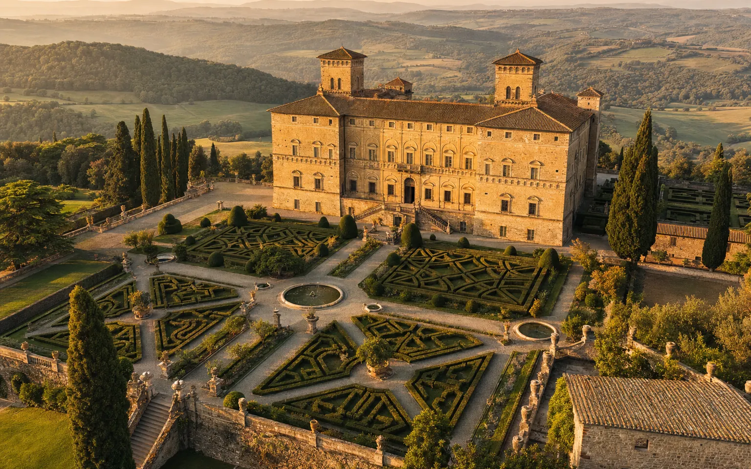 Immagine editoriale evocativa del castello rinascimentale con giardino all’italiana a Vignanello