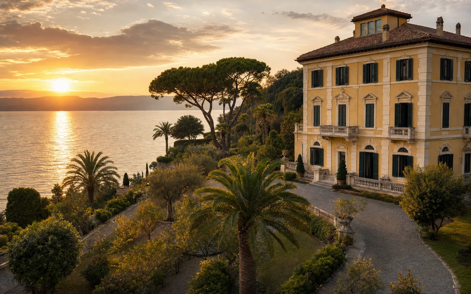 Immagine editoriale evocativa della villa storica affacciata sul lago di Trevignano Romano