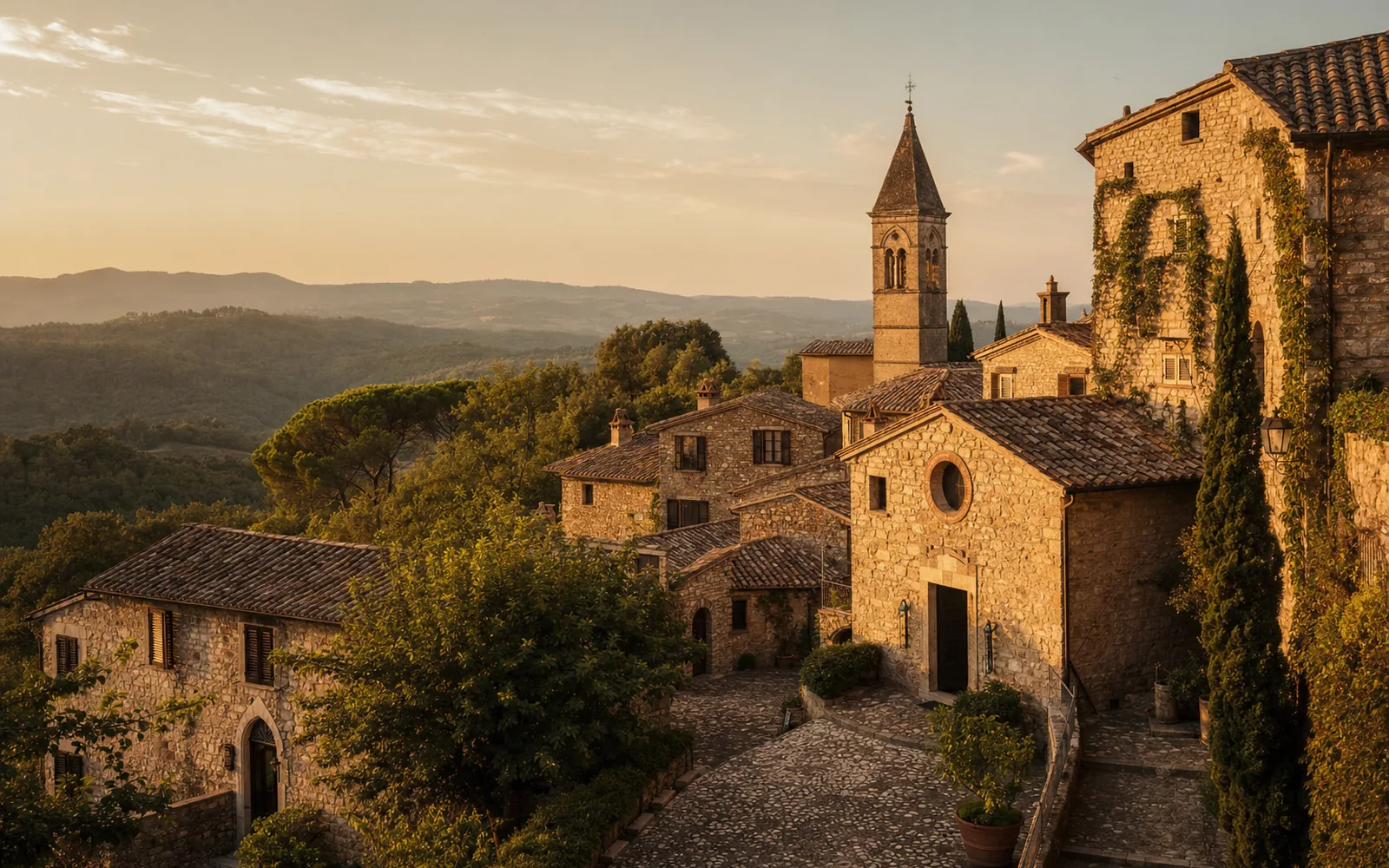 Immagine editoriale evocativa del borgo medievale immerso nel verde di Allerona